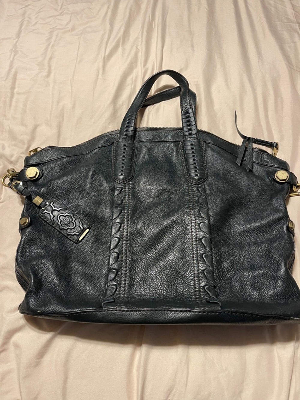 orYANY Dark Green leather Tote with Braided-Trim Top Handles